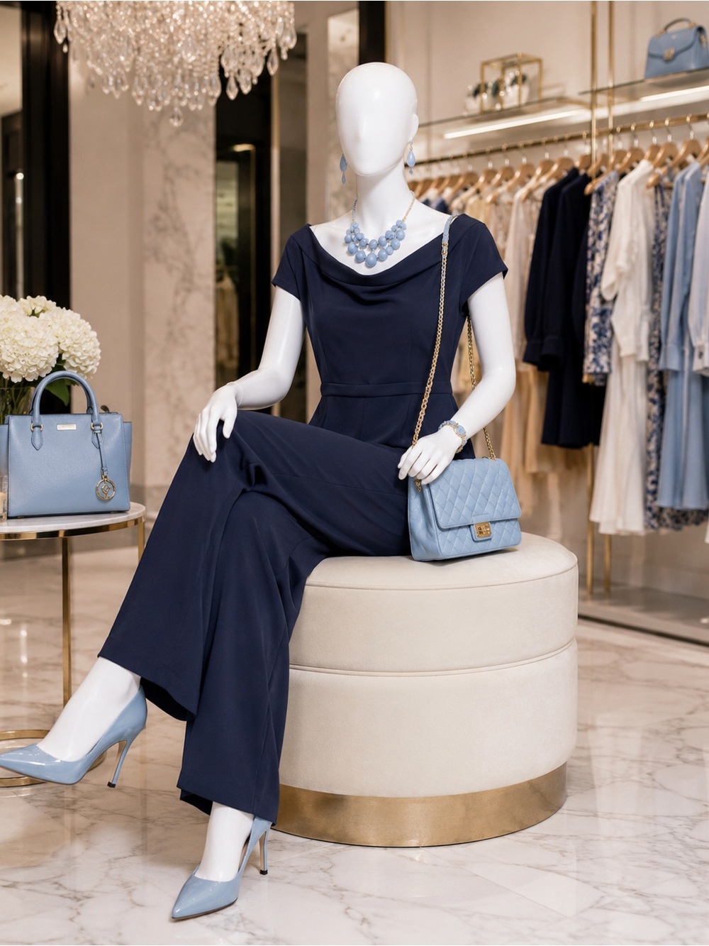 New York & Company Navy Wide-Leg Cap-Sleeve Jumpsuit